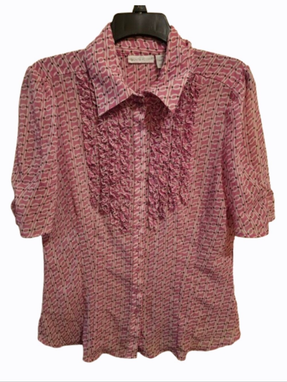 Worthington Pink Ruffled Feminine Blouse, Buttoned Front & Short Sleeved,Classic